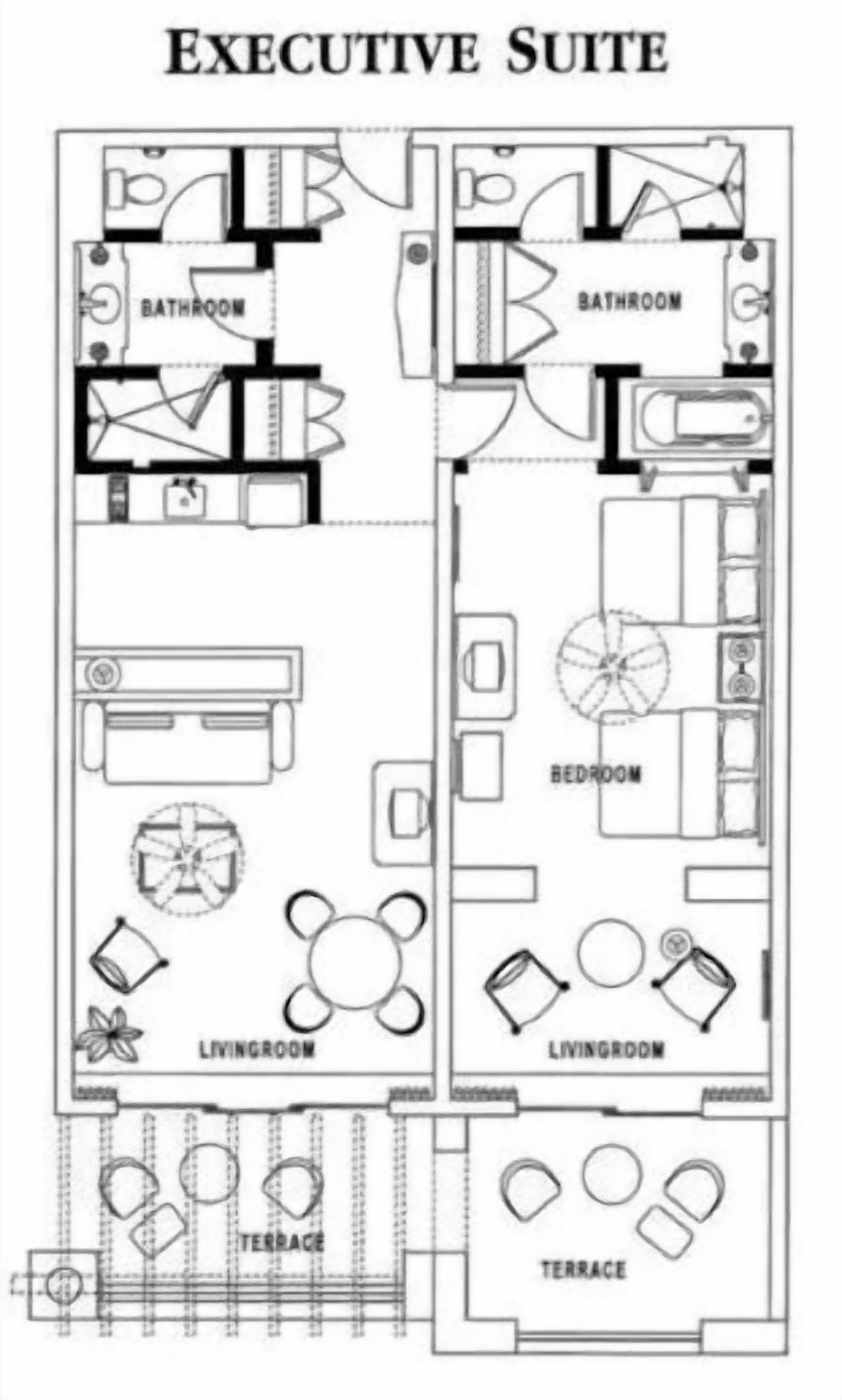 Un appartement de luxe comprenant deux chambres, deux salles de bain, un salon et deux terrasses.