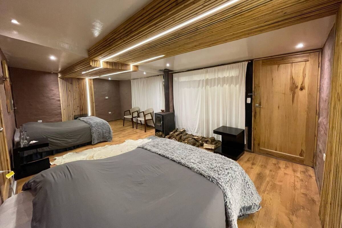 Un dormitorio moderno con dos camas, una chimenea y un armario grande.