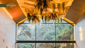 Un comedor con una mesa larga preparada para una comida, ventanas amplias que ofrecen vistas al exterior y un techo decorado con plantas colgantes.