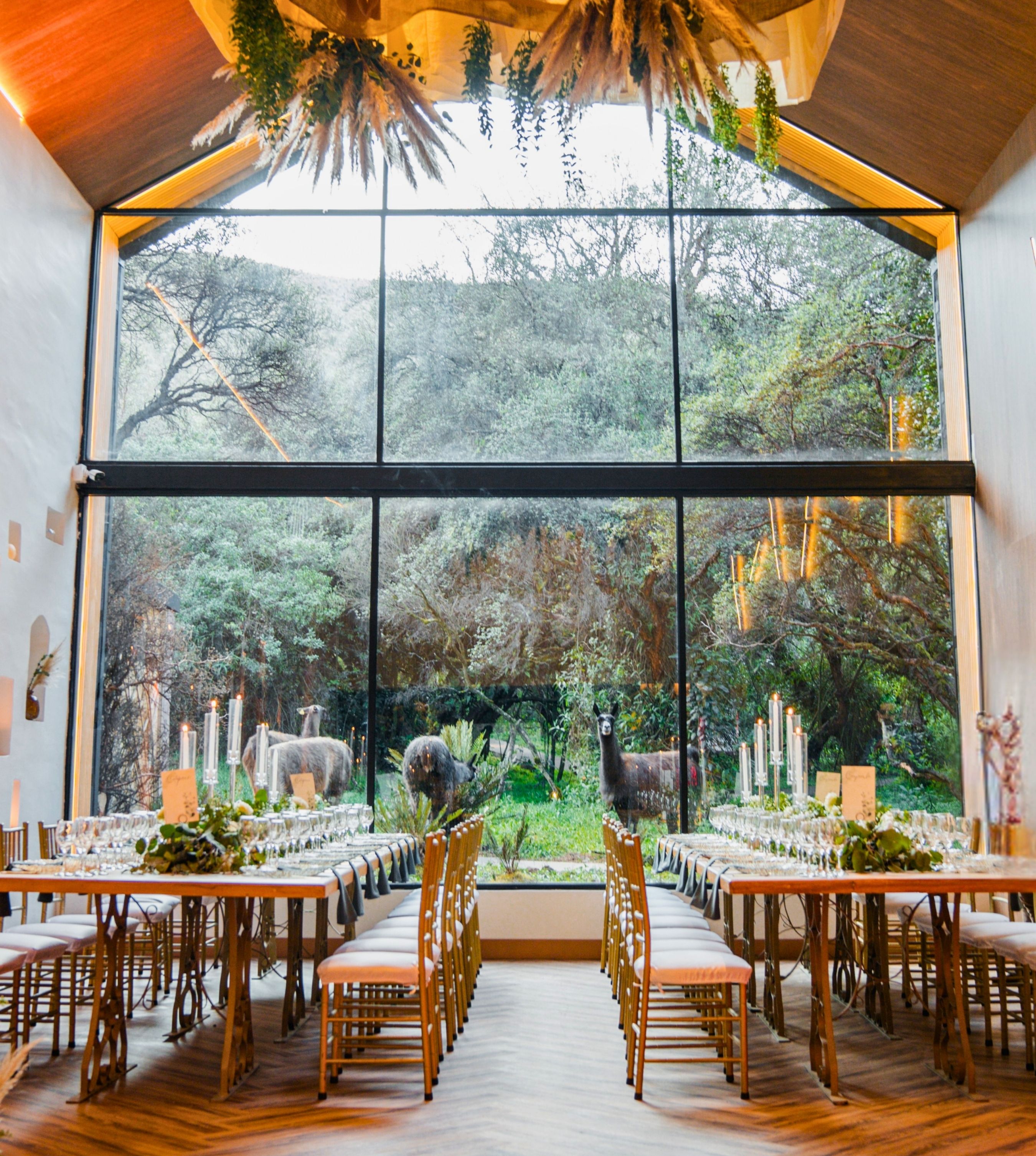 Un comedor con un gran ventanal que da a un jardín con llamas, sillas de madera y mesas iluminadas con velas.