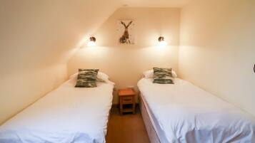 Une petite chambre confortable, avec deux lits simples, une petite table de chevet en bois et un luminaire fixé au mur.