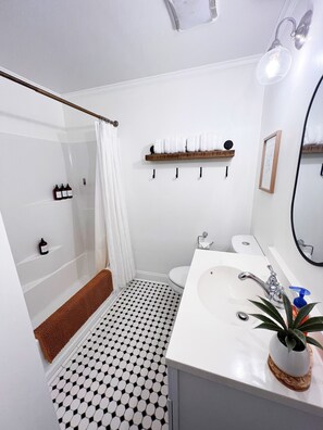 Shower, hair dryer, towels, soap