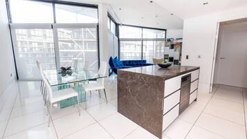 Apartment | Private kitchen | Fridge, microwave, oven, stovetop