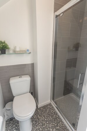 Shower, free toiletries, hair dryer, towels