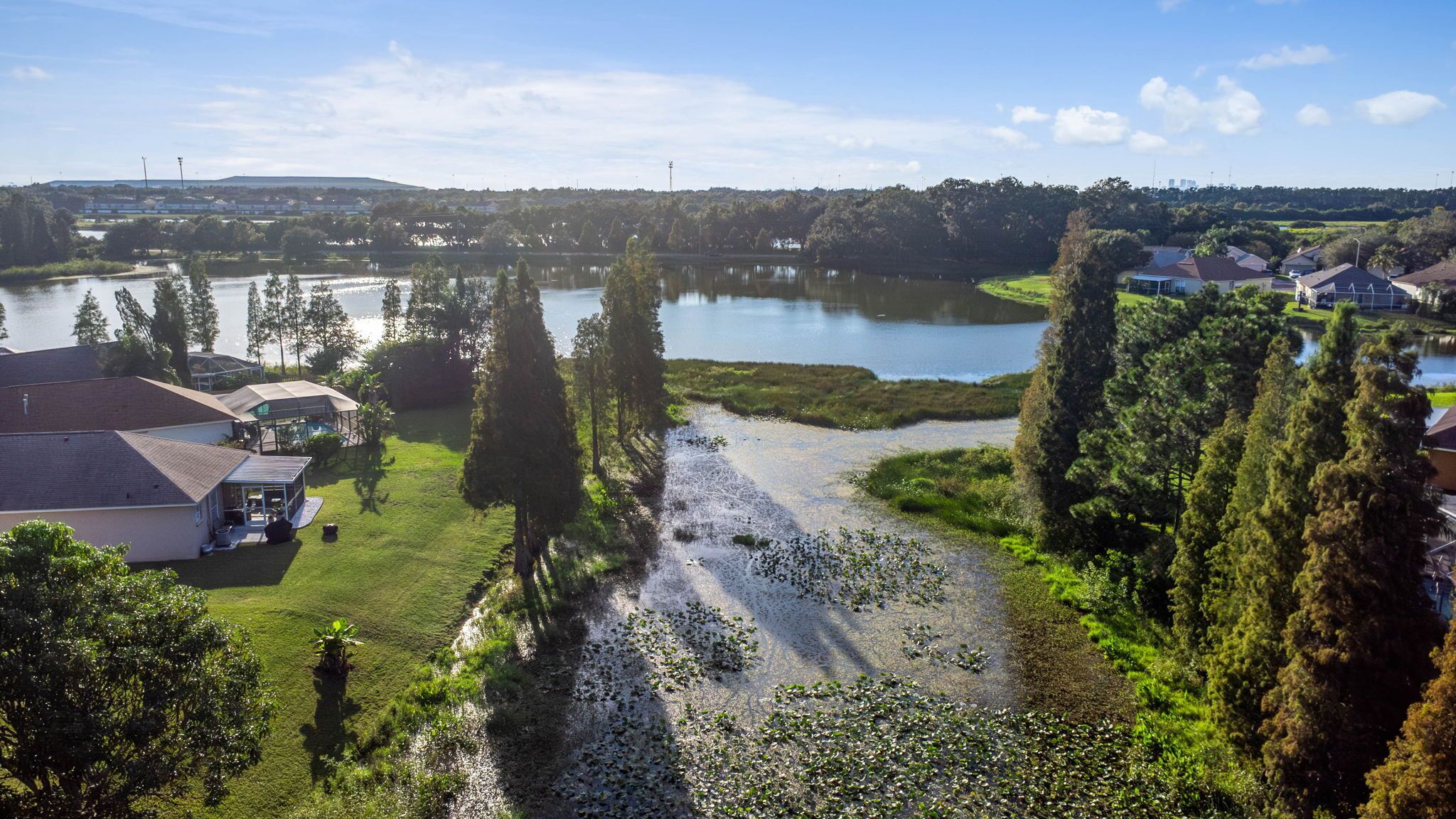 A residential area with houses, a lake, and a grassy path.