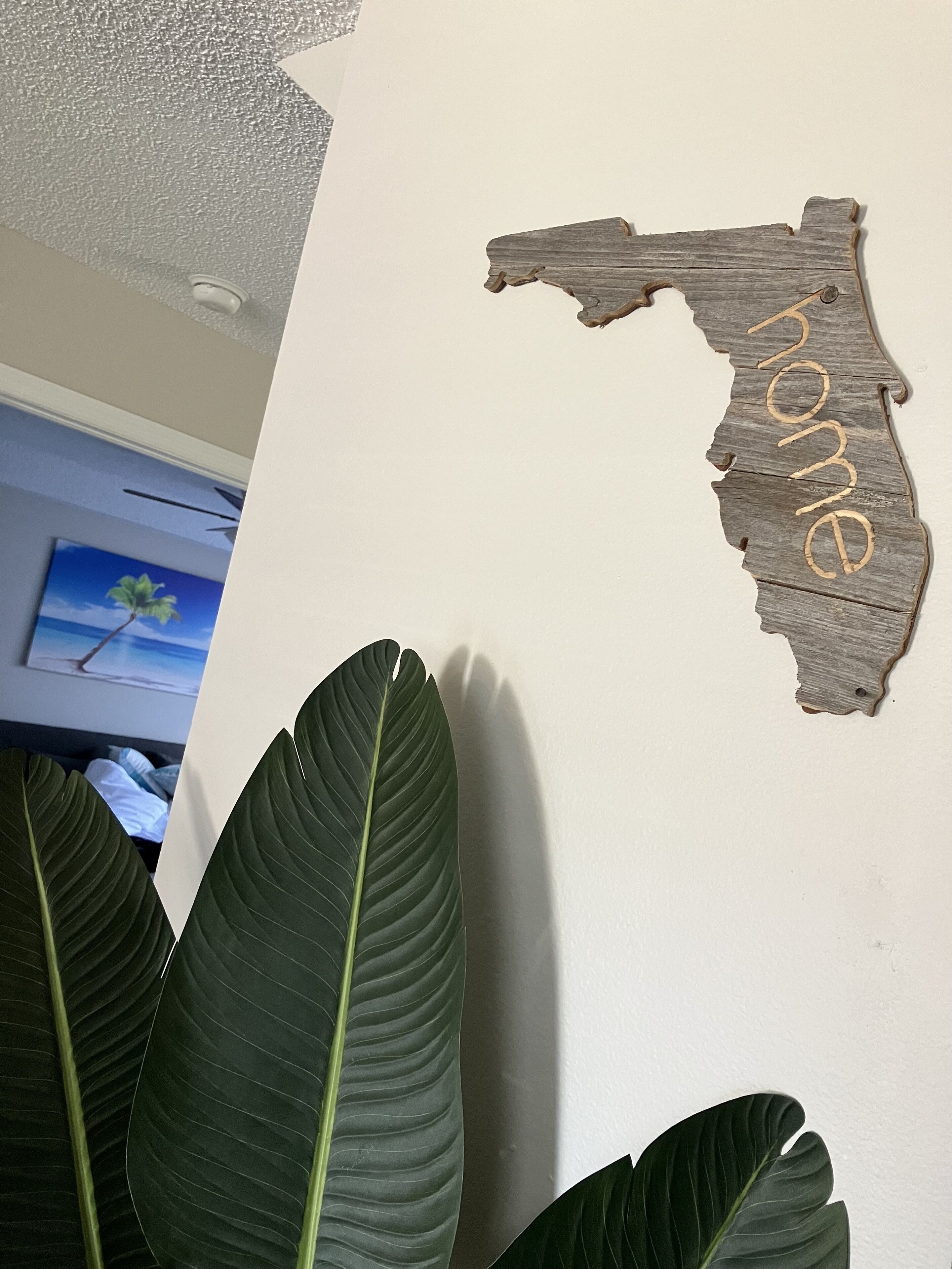 A wall with a wooden Florida state outline and the word "home" written on it.