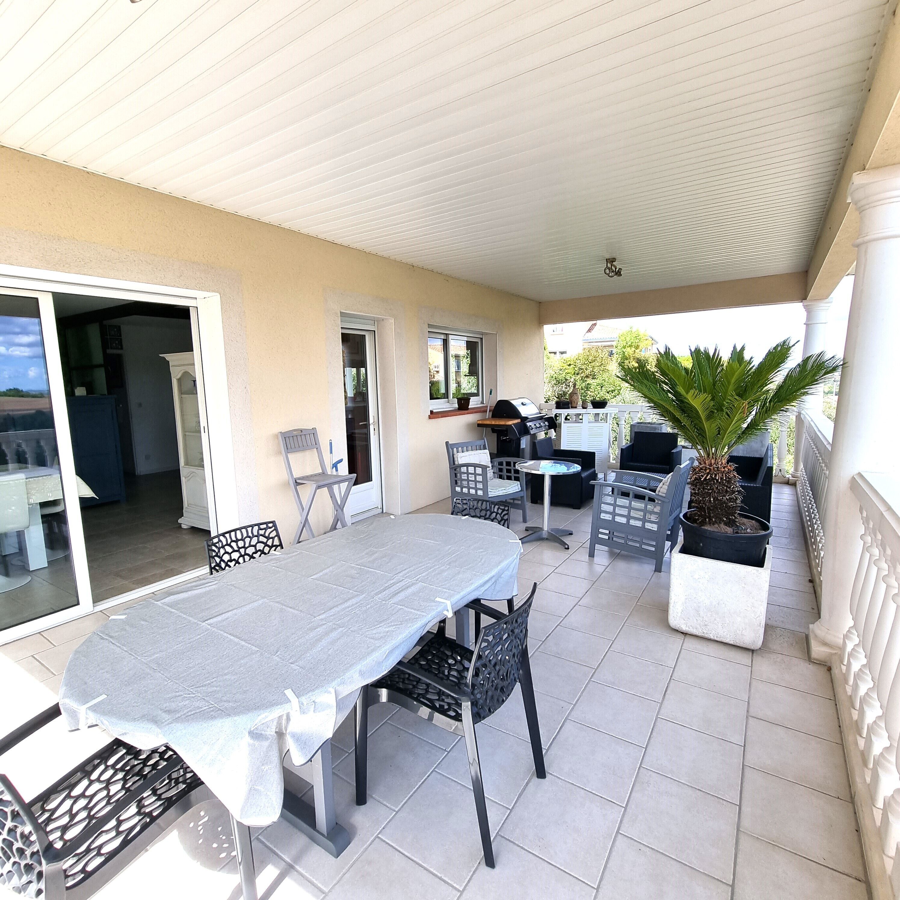 An outdoor patio area with a table and chairs, a grill, and potted plants.