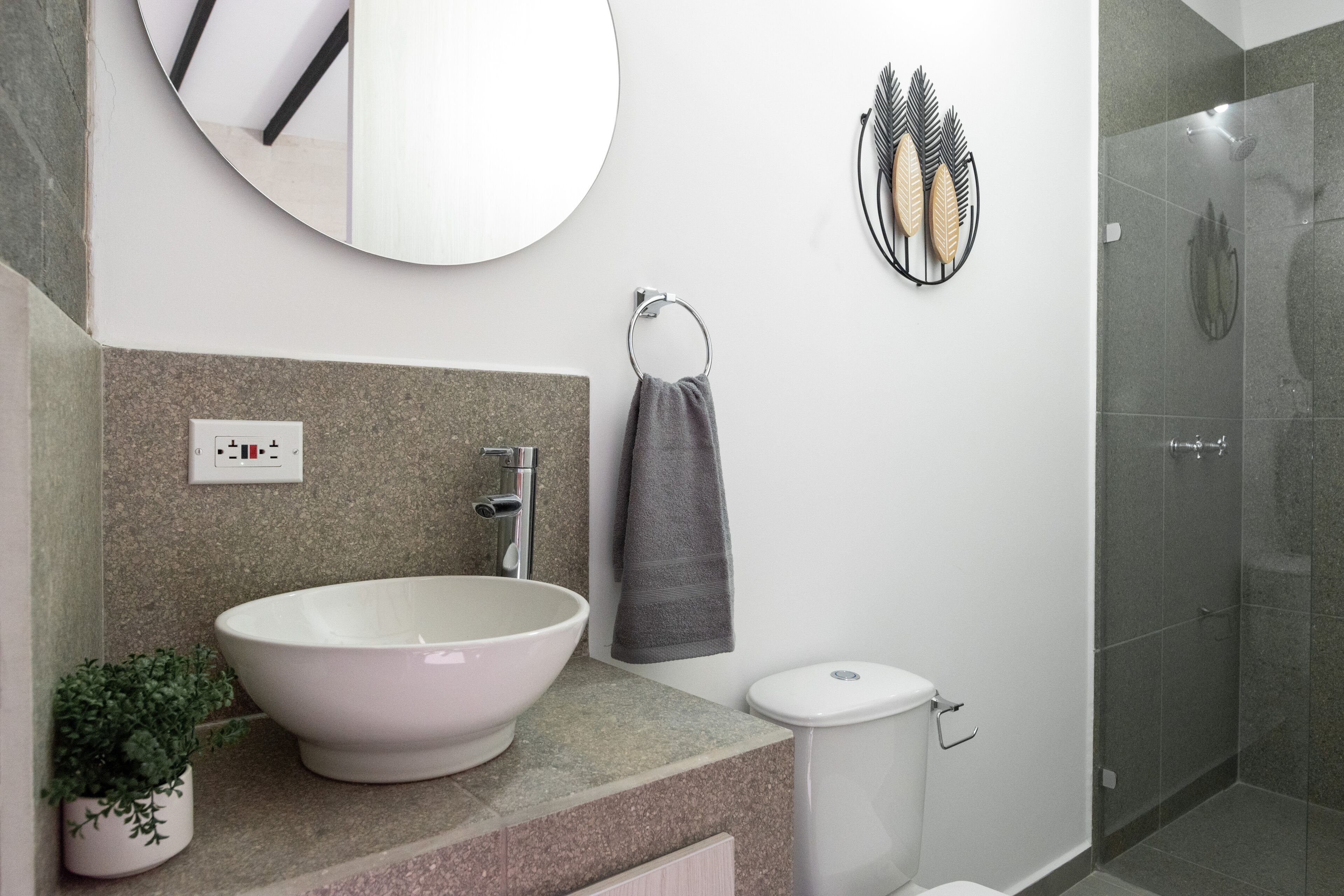 A modern bathroom with a large white sink, a small potted plant, a towel ring, and a glass shower enclosure.