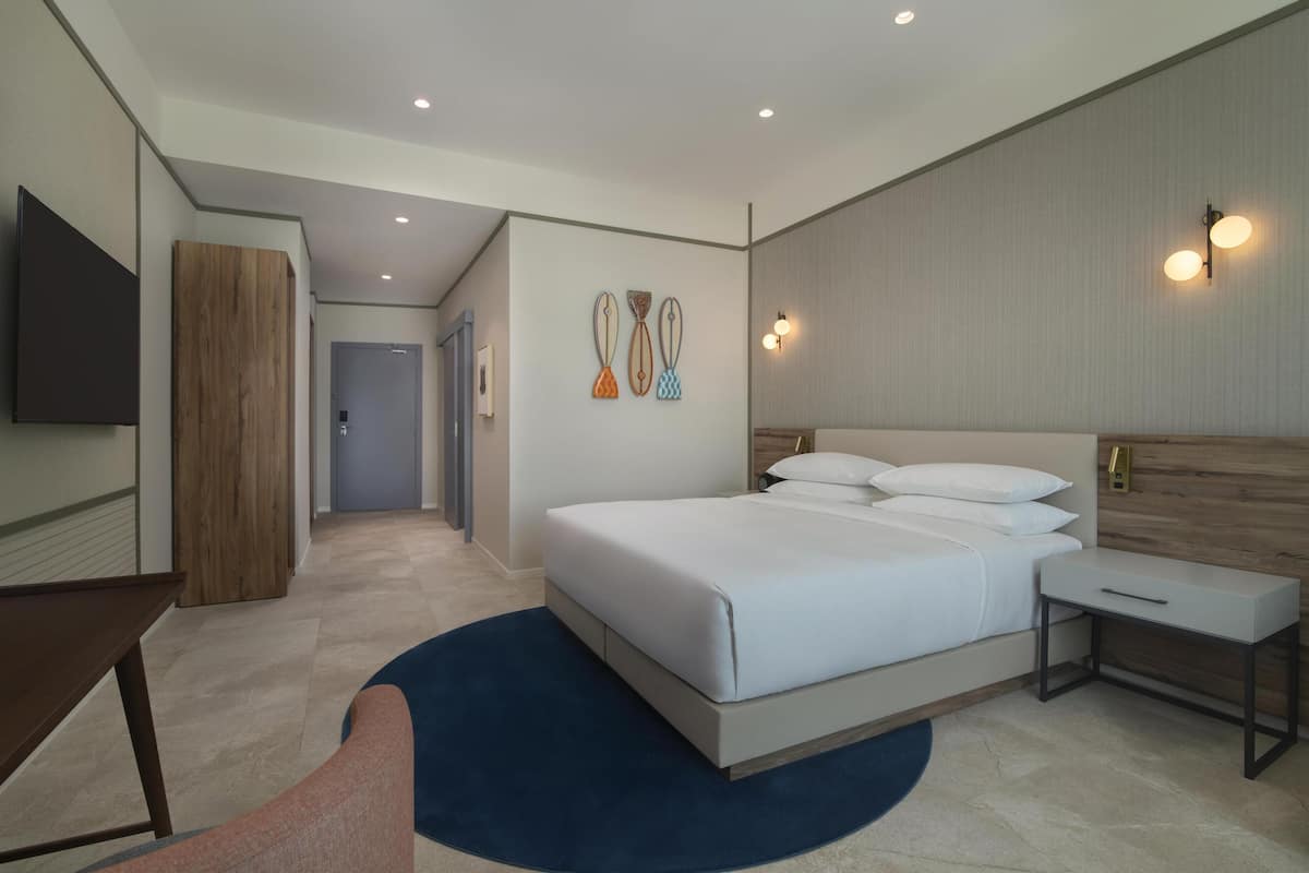 A modern hotel room with a large bed, bedside tables, a flat-screen TV, and a wooden accent wall.