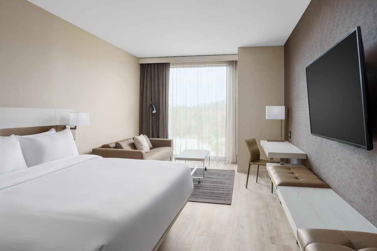 A modern hotel room with a large bed, a sofa, a desk, and a TV.
