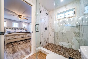 Shower, hair dryer, towels, soap