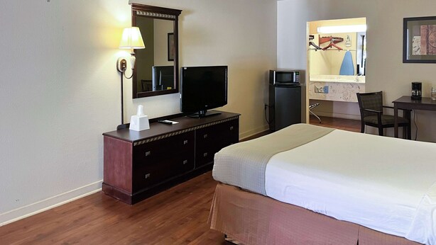 A hotel room with a bed, a TV, a desk, a chair, a microwave, and a lamp.