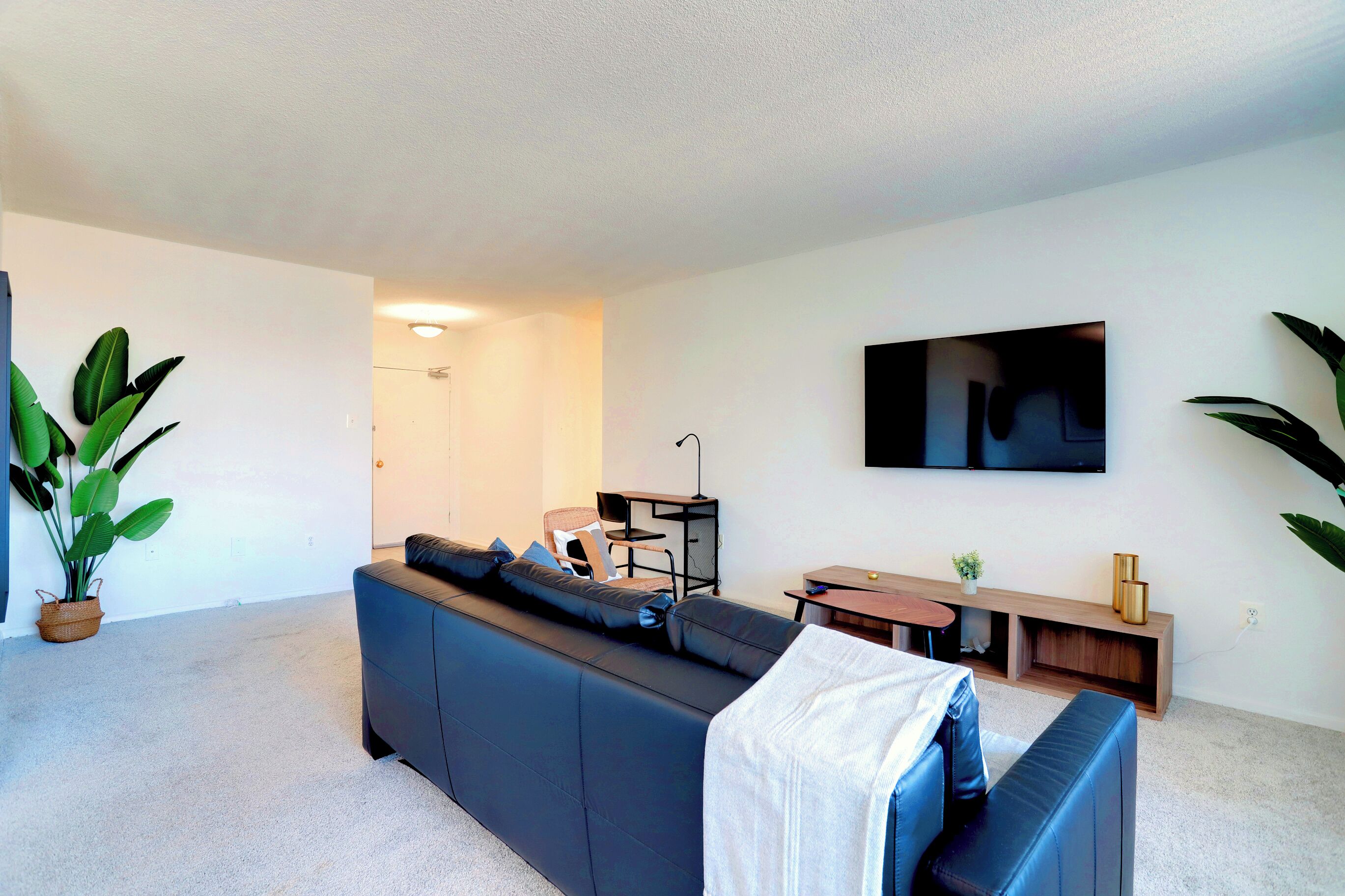 A modern living room with a sectional sofa, a flat-screen TV mounted on the wall, a small wooden table, and a potted plant.