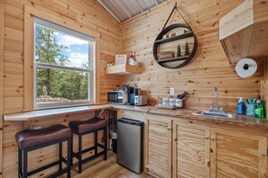 Fridge, microwave, coffee/tea maker, toaster