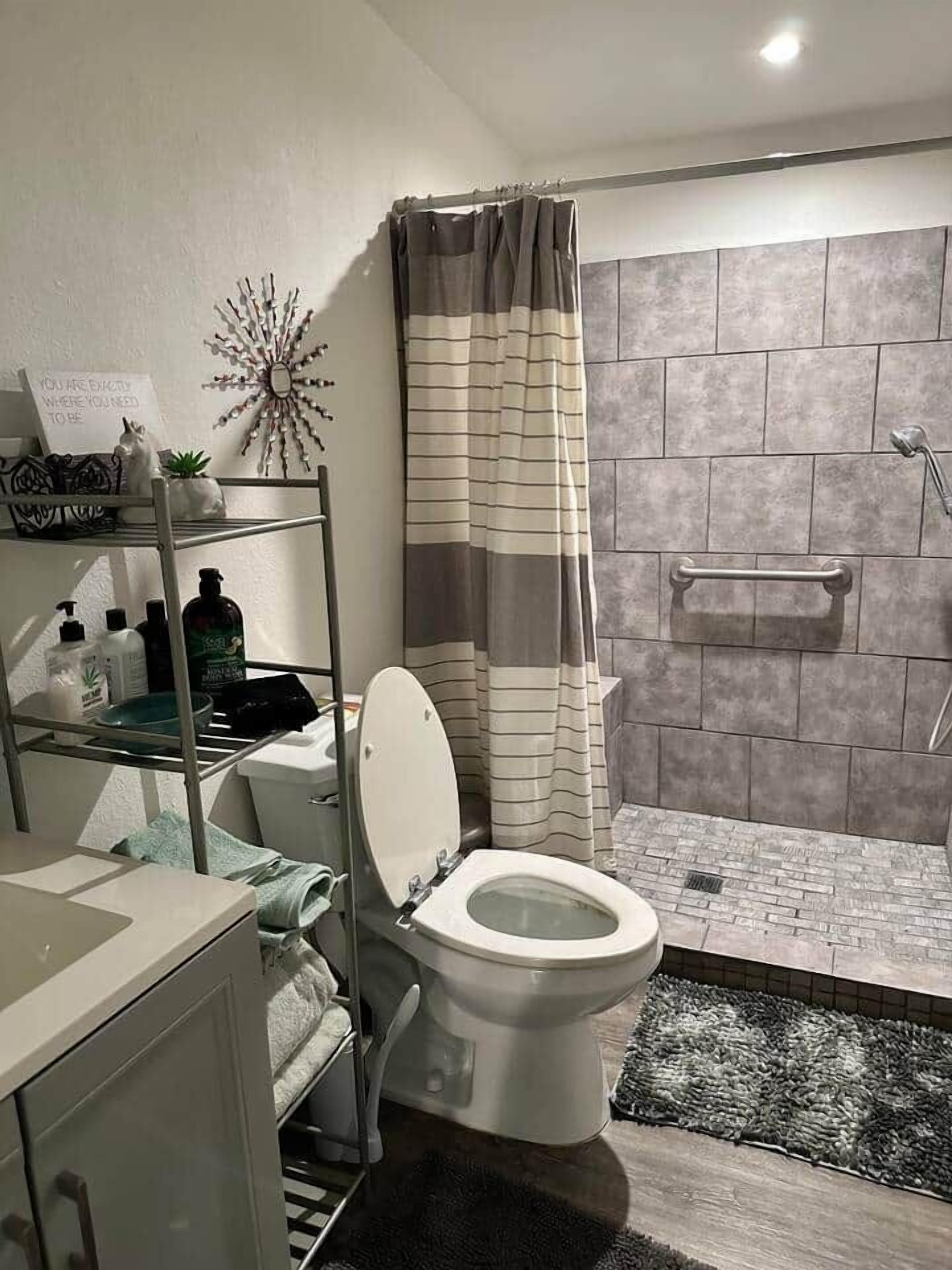 Chuveiro, secador de cabelo, sabonete, shampoo