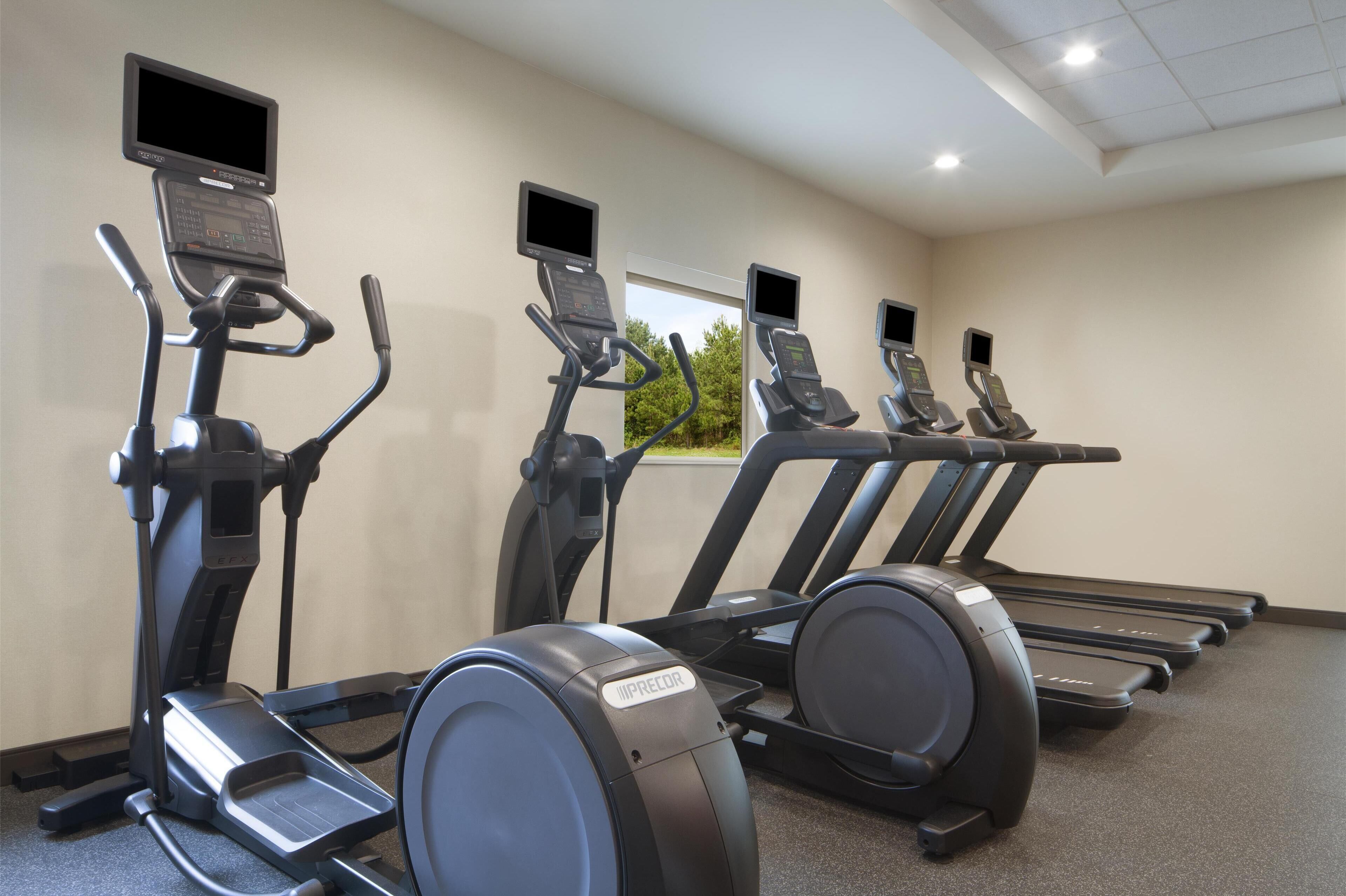 A row of treadmills and elliptical machines in a gym with a view of greenery outside.