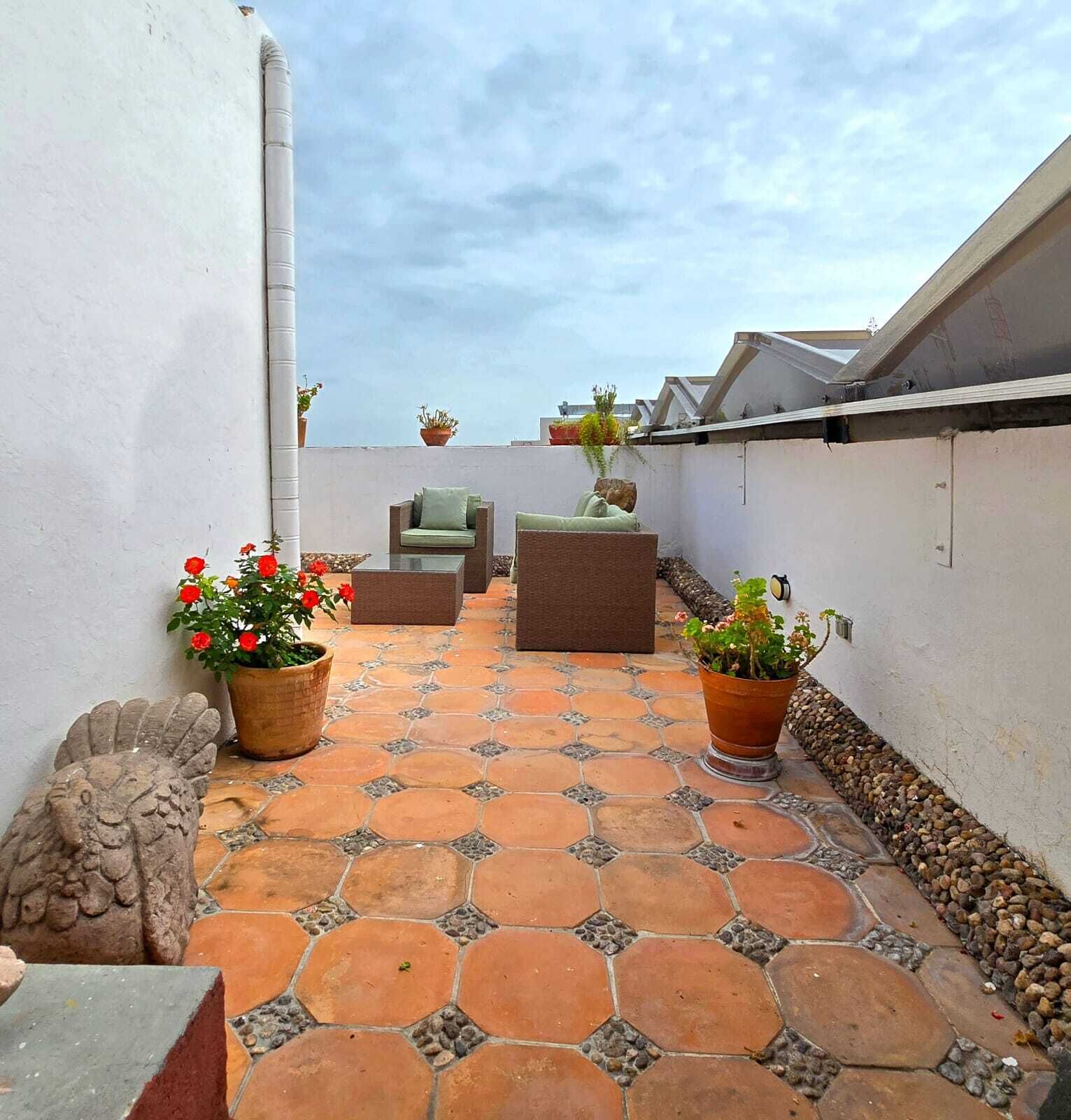 Terraço no telhado com piso de azulejos hexagonais, dois sofás de vime e plantas em vasos.