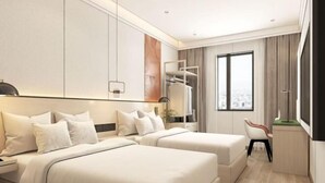 A modern hotel room with two beds, a desk, a chair, and a large window with a city view. - Elong ME Hotel (Binhai High-Speed Railway Station) (Tianjin)