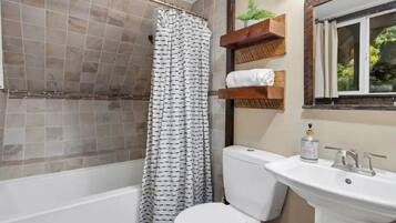 Hair dryer, towels, soap, shampoo