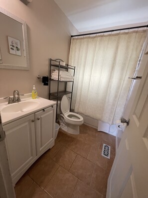 Hair dryer, towels, soap, shampoo