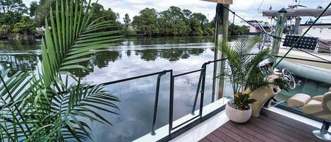 A boat deck with a glass railing, potted plants, and a view of a calm river with trees.