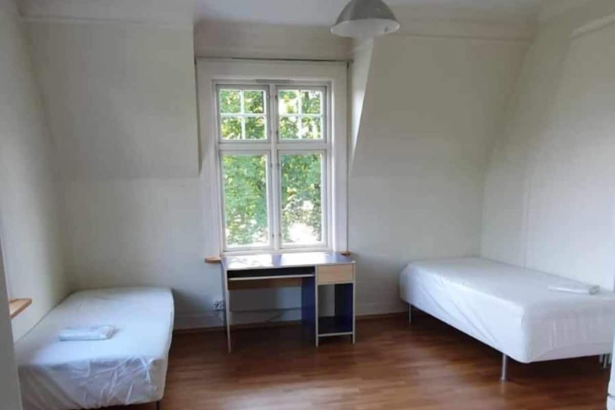 A small, bright room with wooden flooring, two single beds, a desk, and a window with a view of greenery.