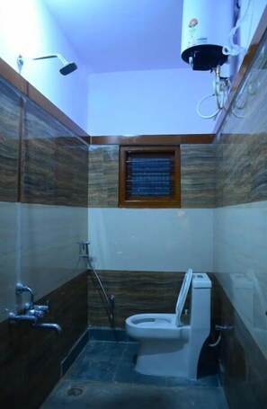 Hair dryer, towels, soap, toilet paper