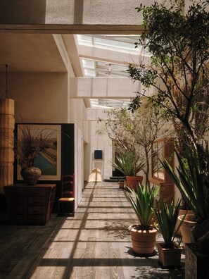 A spacious hallway with wooden flooring, potted plants, and a framed picture on the wall. - KAIPUU BELFRY (Quanzhou)