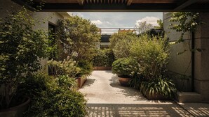 Un espacio al aire libre techado con un sendero de grava, rodeado de abundante vegetación y plantas en macetas.