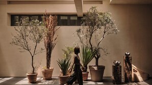 Un patio con plantas en macetas, una persona caminando y un edificio moderno al fondo.