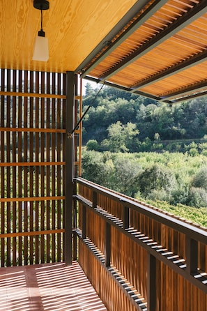 A wooden balcony with a view of a forested area.