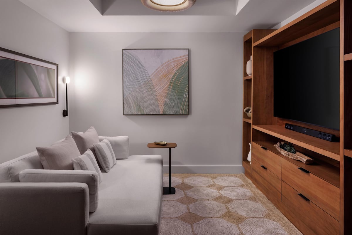 A modern living room with a sofa, a TV, a wooden entertainment unit, and a patterned rug.