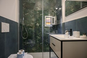 Shower, hair dryer, bidet, towels