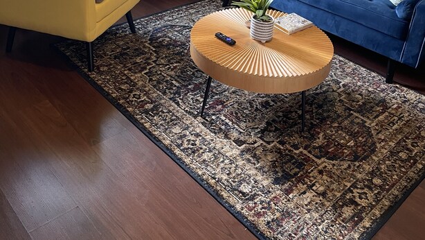 Ein Wohnzimmer mit einem gelben Sessel, einem blauen Sofa, einem runden Couchtisch mit Pflanze und einem gemusterten Teppich.