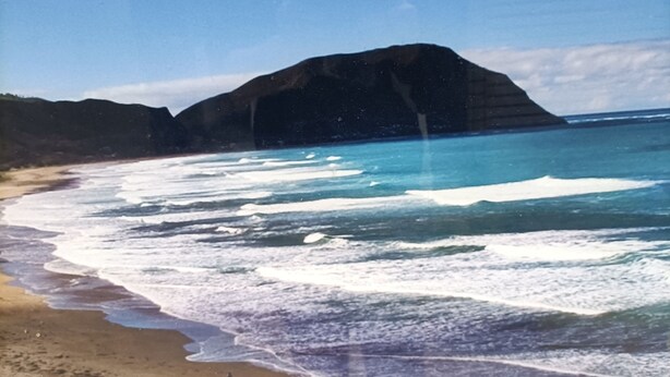 A beach with waves, a sandy shore, and a mountain in the background. - Iconic Wainui Beach a 100m stroll. Relax in Tropical type surroundings. (Gisborne)