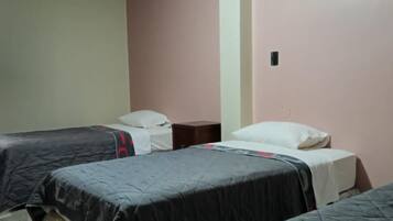 Una habitación con dos camas individuales, cada una con un almohadón blanco y una colcha oscura. Hay una mesita de noche de madera entre las camas.