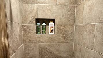 Hair dryer, towels, soap, shampoo