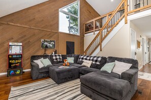 Smart TV, fireplace, books