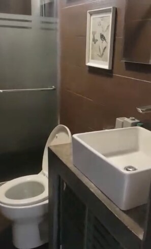 Bathroom features a white toilet, rectangular sink, and framed picture.