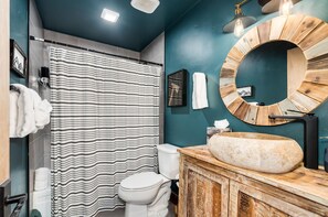 Hair dryer, towels, soap, toilet paper