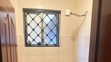 Hair dryer, towels, soap, shampoo