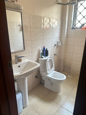 Secador de cabelo, toalhas de banho, sabonete, shampoo