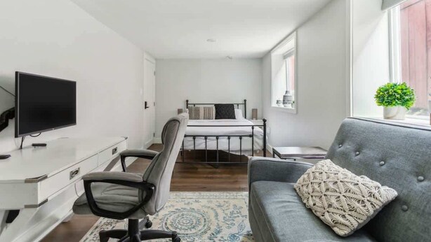 Ein modernes Zimmer mit einem Bett, einem Schreibtisch mit Computer, einem grauen Sofa und einem Fenster mit Pflanze.