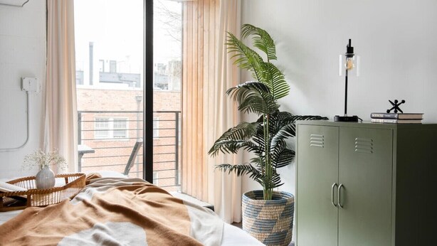 Une chambre d’hôtel avec un lit, une plante en pot, une armoire verte et une vue sur la ville grâce à de grandes fenêtres.