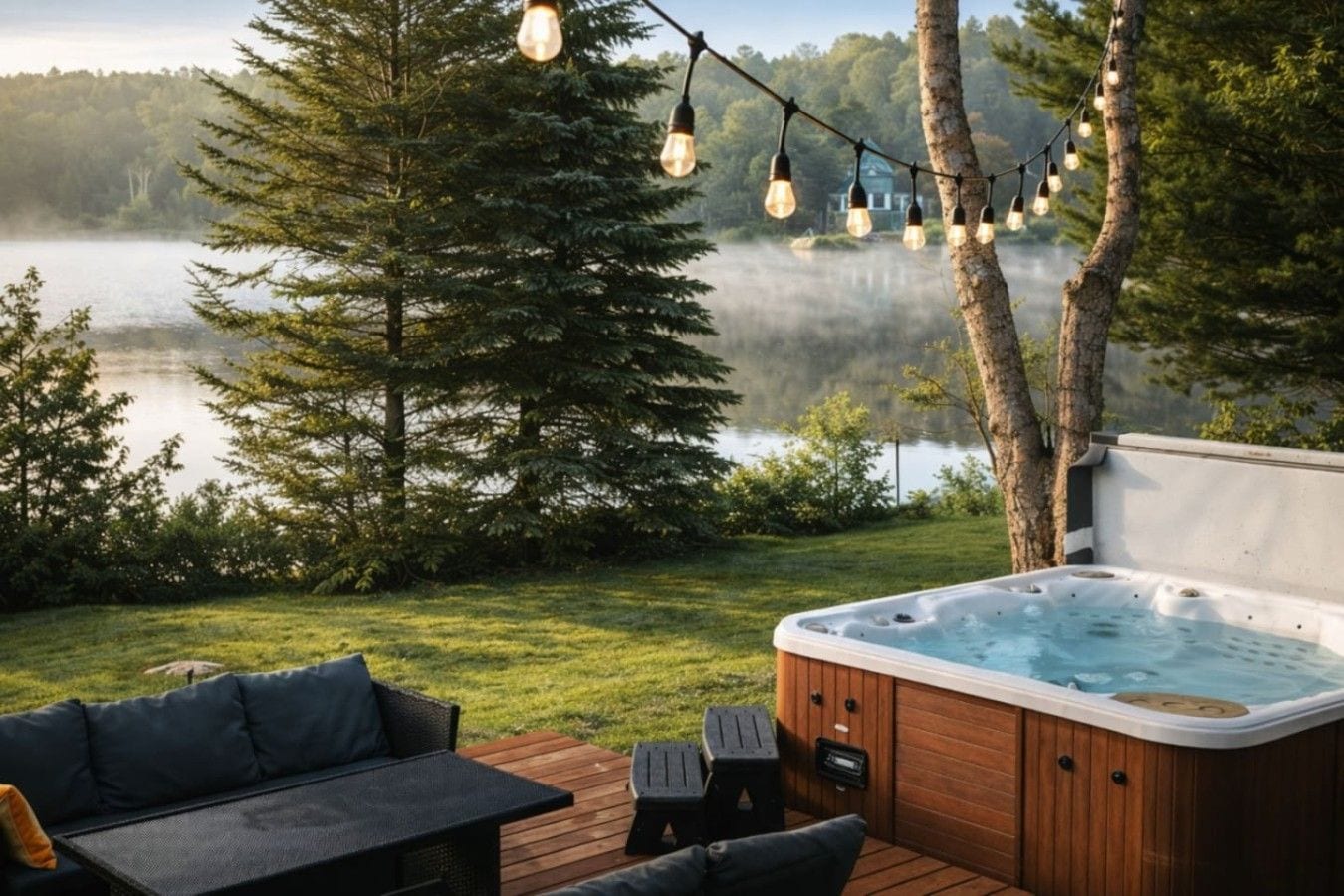 Un bain à remous sur une terrasse en bois, avec vue sur un lac et des arbres.