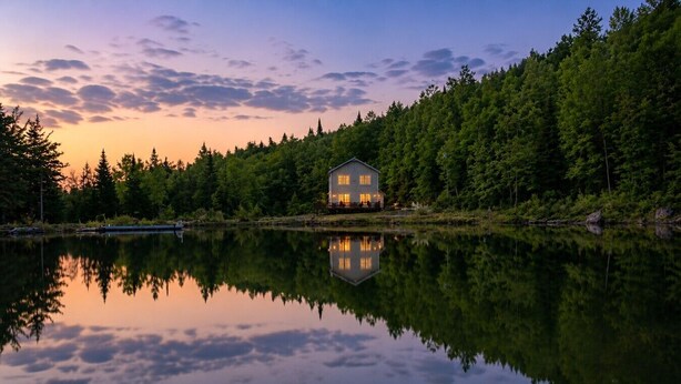 Una casa junto a un lago, con su reflejo, rodeada de árboles.