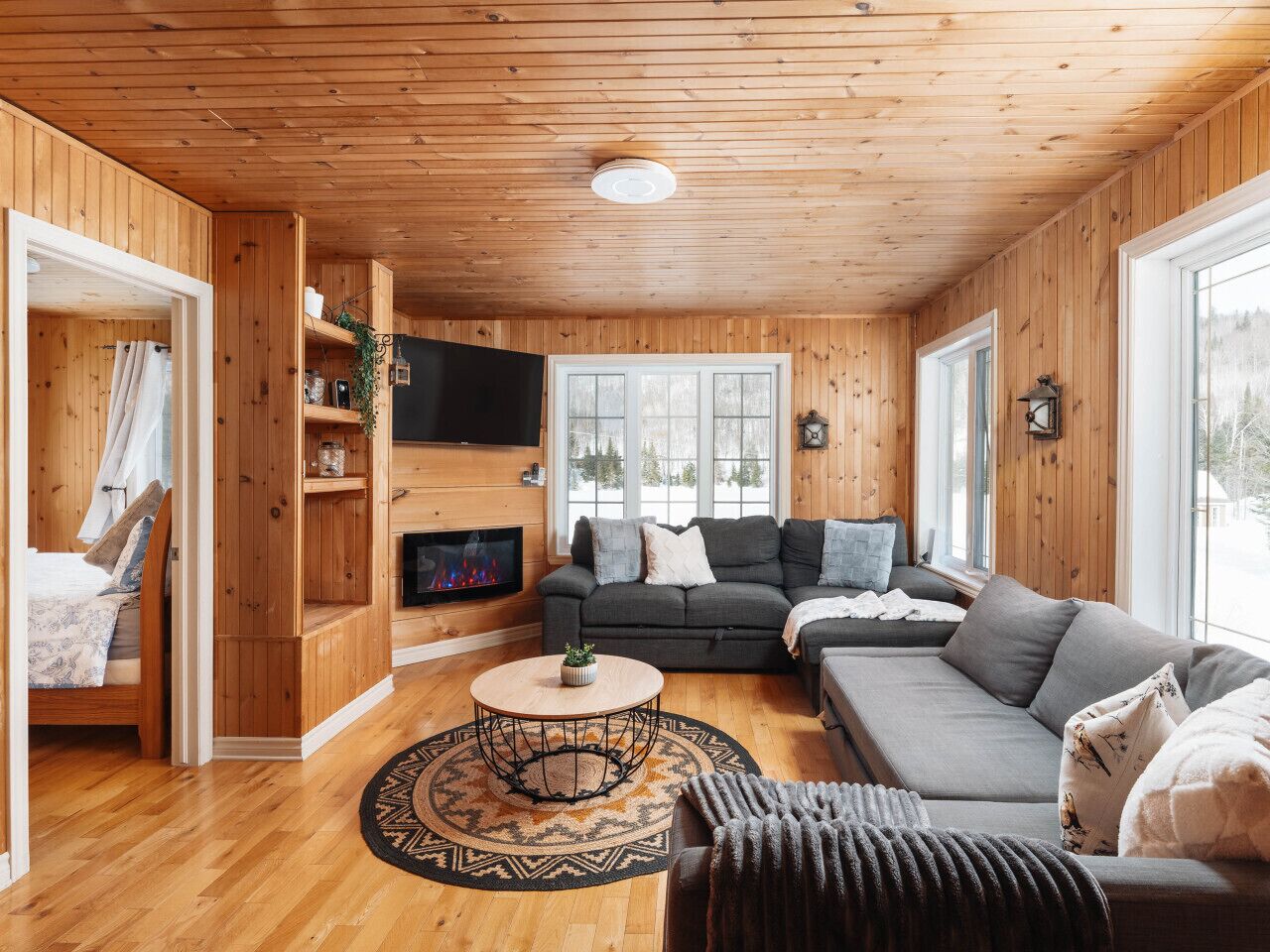 Télévision, cheminée, livres, espaces bureaux