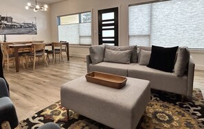 Smart TV, fireplace, books