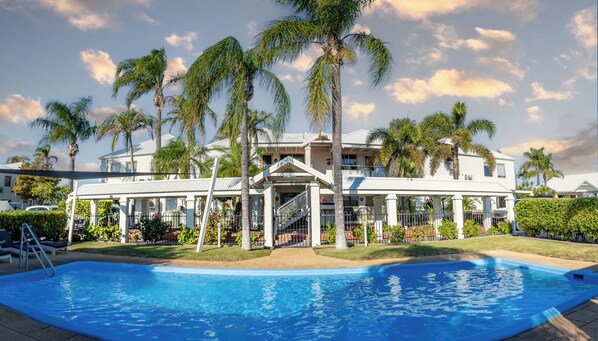 Outdoor pool, pool umbrellas, pool loungers