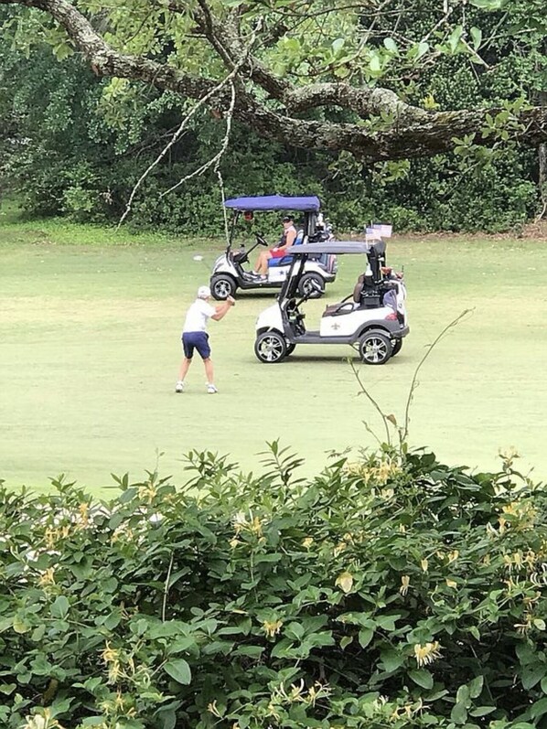 A golf course with a golf cart and a person in a white shirt and blue shorts preparing to hit a golf ball.